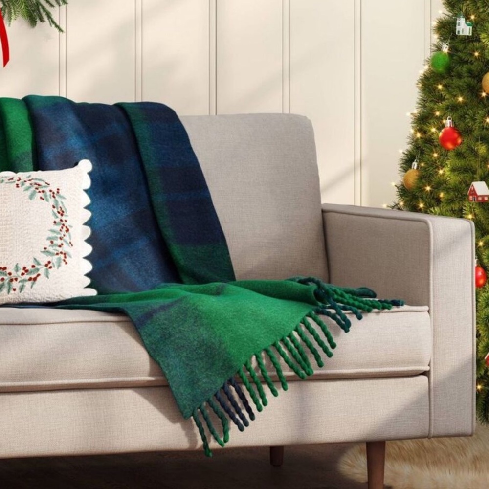 ❗️Threshold Wool Blend Tartain Green and Blue Plaid Throw Blanket NWT